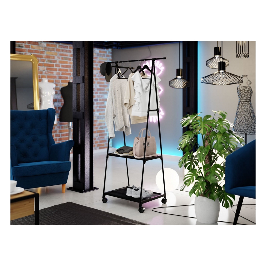 Pārvietojams metāla pakaramais ar plauktiem OLAZEN 157x85 cm melna
