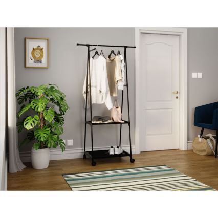 Pārvietojams metāla pakaramais ar plauktiem OLAZEN 157x85 cm melna