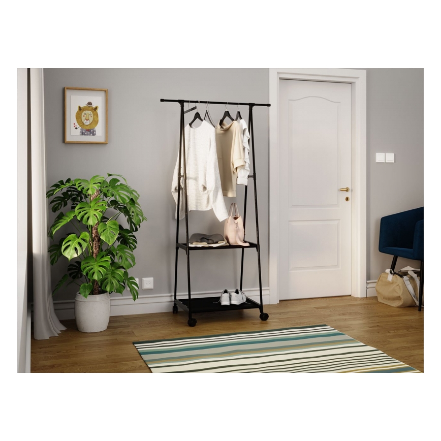 Pārvietojams metāla pakaramais ar plauktiem OLAZEN 157x85 cm melna