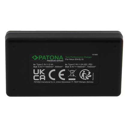 PATONA - Ātrs lādētājs Dual Nikon EN-EL15/EN-EL15C + vads USB-C 0,6m