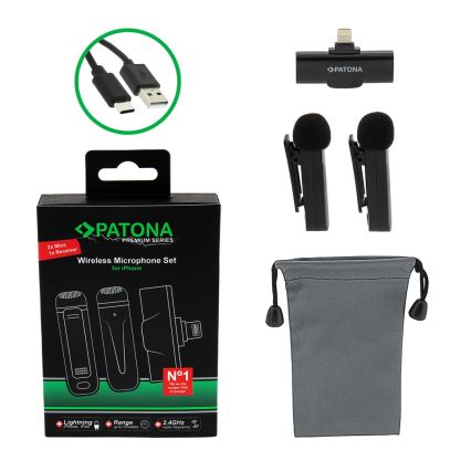 PATONA - KOMPLEKTS 2x Bezvadu mikrofons ar stiprinājumu iPhone tālruņiem USB-C 5V 50 mAh
