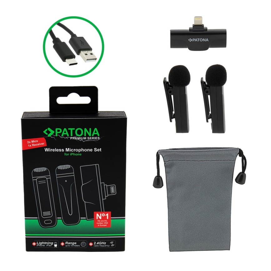 PATONA - KOMPLEKTS 2x Bezvadu mikrofons ar stiprinājumu iPhone tālruņiem USB-C 5V 50 mAh