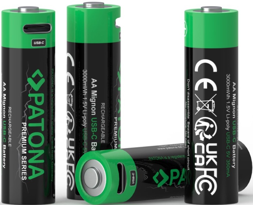 PATONA - KOMPLEKTS 4x Akumulators AA/LR6 Li-Pol 2000mAh 1,5Vs ar USB-C lādētāju