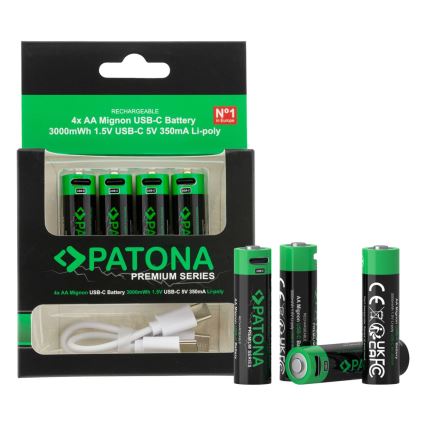 PATONA - KOMPLEKTS 4x Akumulators AA/LR6 Li-Pol 2000mAh 1,5Vs ar USB-C lādētāju