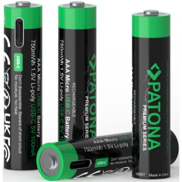 PATONA - KOMPLEKTS 4x Akumulators AAA/LR03 Li-Pol 500mAh 1,5V ar USB-C lādētāju
