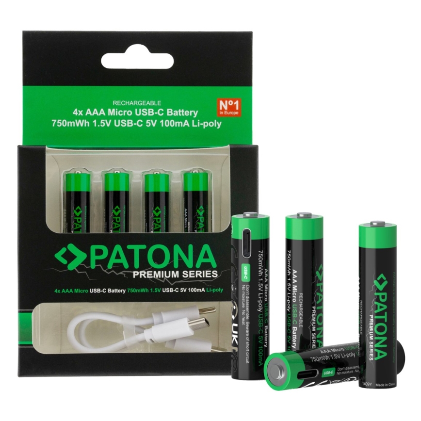 PATONA - KOMPLEKTS 4x Akumulators AAA/LR03 Li-Pol 500mAh 1,5V ar USB-C lādētāju