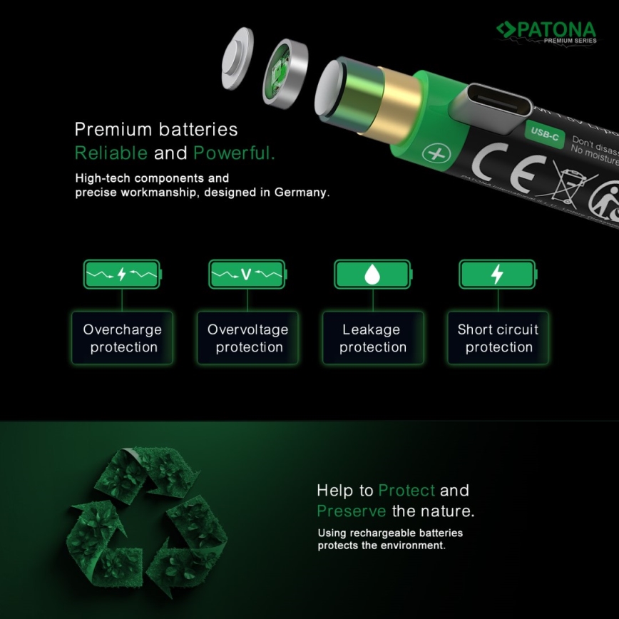 PATONA - KOMPLEKTS 4x Akumulators AAA/LR03 Li-Pol 500mAh 1,5V ar USB-C lādētāju