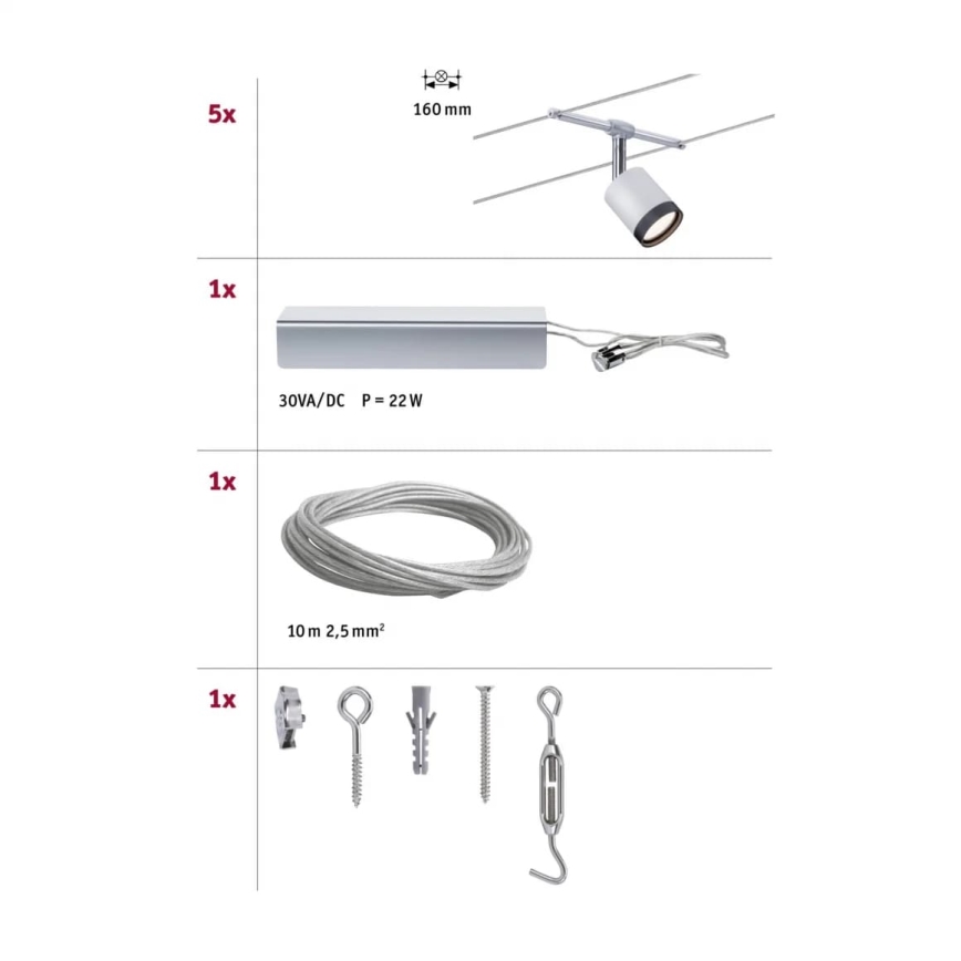 Paulmann 3981 - komplekts 5xLED/4W pilna TUBE trošu sistēma 230V, matēts hroms/melns