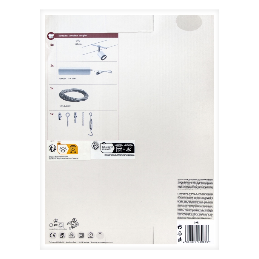 Paulmann 3981 - komplekts 5xLED/4W pilna TUBE trošu sistēma 230V, matēts hroms/melns