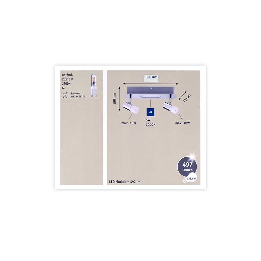 Paulmann 66647 - LED virsmas gaismeklis 2xG9/10W/230V + LED/5W