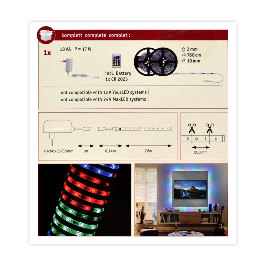 Paulmann 70514 - LED RGB/15W Aptumšojama josla SIMPLED 7,5m 230V + tālvadības pults
