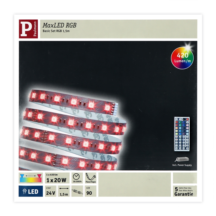 Paulmann 70587 - LED RGB/20W aptumšojama sloksne MAXLED 1,5m 230V + tālvadības pults