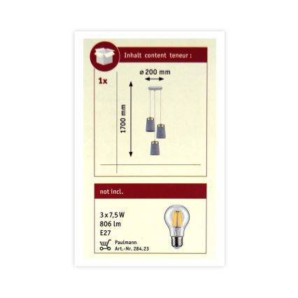 Paulmann 79627 - Lustra uz auklas NORELL 3xE27 / 20W / 230V