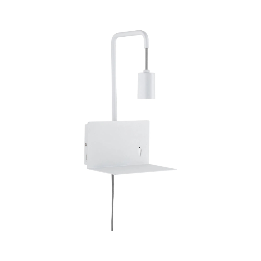 Paulmann 79812 - 1xE27/40W sienas gaismeklis ar plauktiņu un USB CALVANI 230V balts