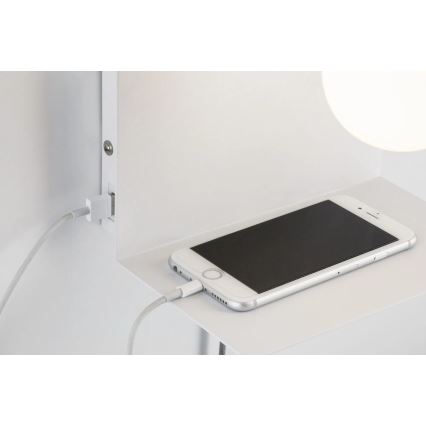 Paulmann 79812 - 1xE27/40W sienas gaismeklis ar plauktiņu un USB CALVANI 230V balts