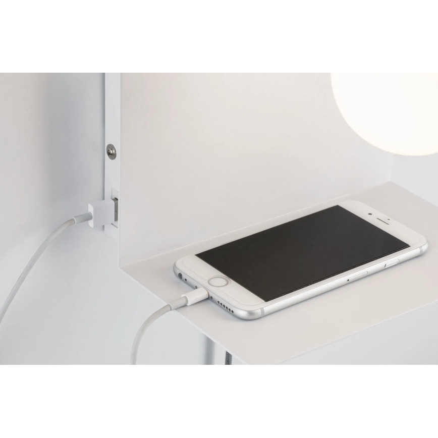 Paulmann 79812 - 1xE27/40W sienas gaismeklis ar plauktiņu un USB CALVANI 230V balts