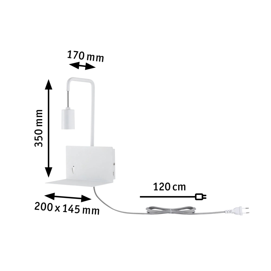 Paulmann 79812 - 1xE27/40W sienas gaismeklis ar plauktiņu un USB CALVANI 230V balts