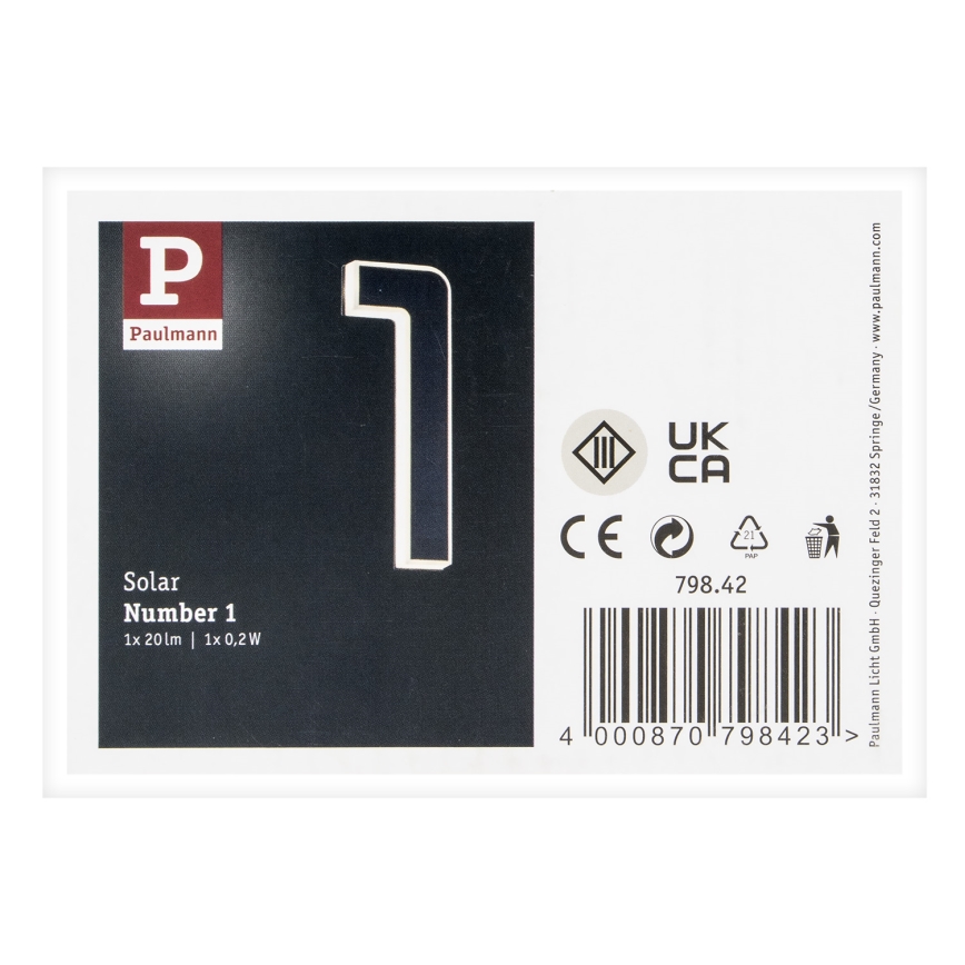 Paulmann 79842 - LED/0,2W IP44 Saules enerģijas mājas numurs 1,2V 1500 mAh