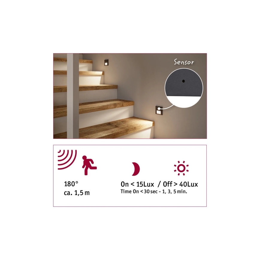 Paulmann 80002 - LED/1W Kāpņu telpas lampa ar sensoru TSARO 230V Lead/balta