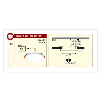 Paulmann 92388 - LED/10W IP44 Iebūvējamais vannas istabas gaismeklis VARIFIT 230V