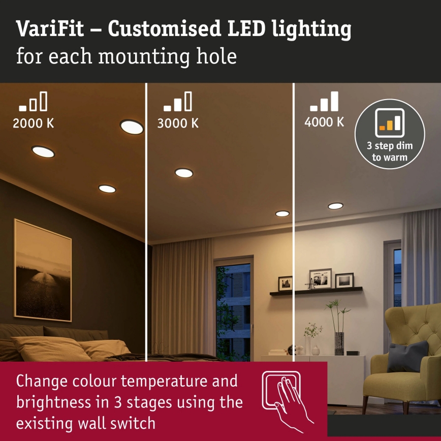 Paulmann 93102 - LED/16W IP44 Ar regulējamu spilgtumu vannas istabas iebūvējamais griestu gaismeklis AREO 230V 2000/3000/4000K Ø 23 cm melns