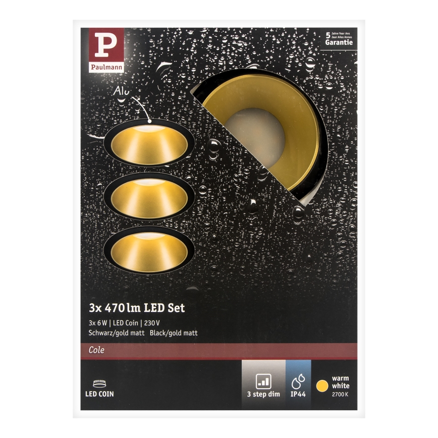 Paulmann 93404 - KOMPLEKTS 3xLED/6,5W IP44 Aptumšojama vannas istabas iegremdējama lampa COLE 230V