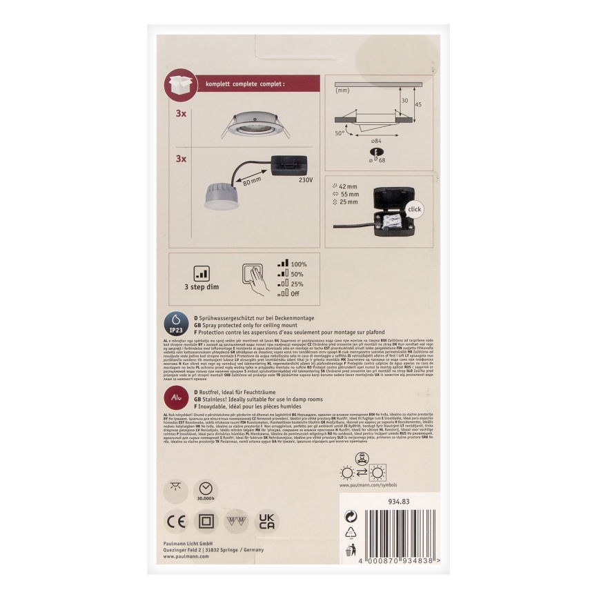 Paulmann 93483 - KOMPLEKTS 3xLED/6,5W IP23 Aptumšojama vannas istabas iegremdējama lampa NOVA 230V