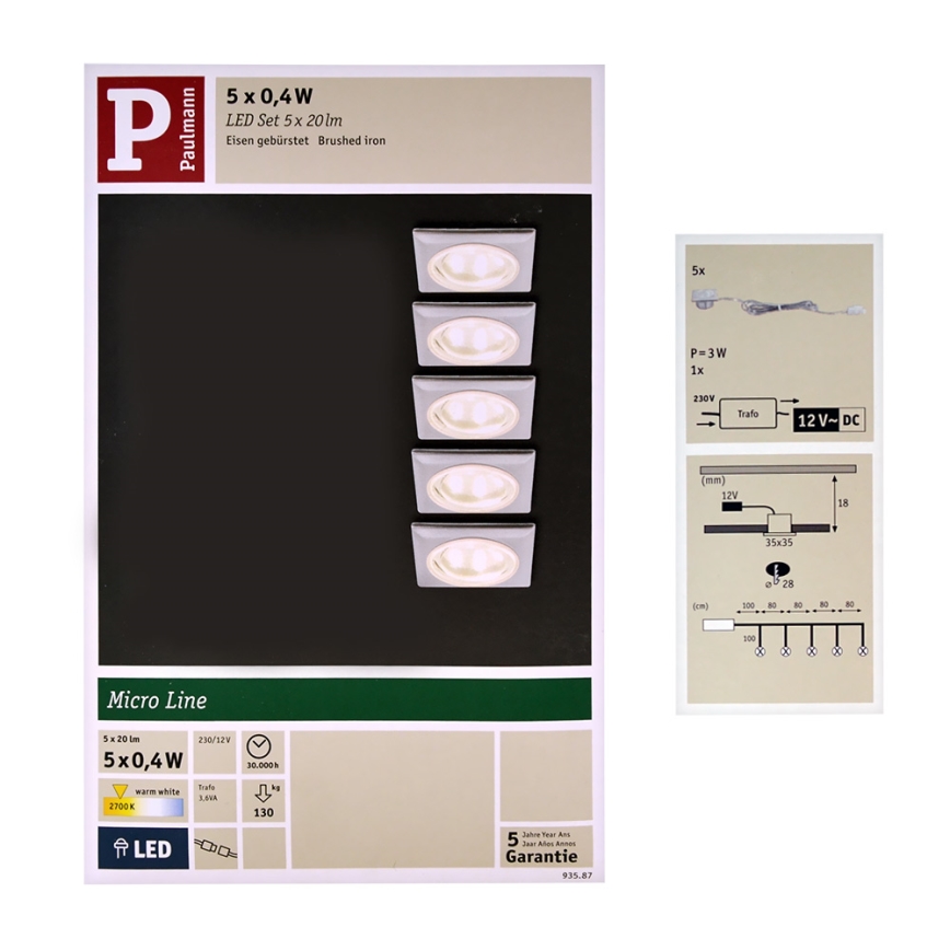 Paulmann 93587 - KOMPLEKTS 5xLED/0,4W Iegremdējama lampa 12V/230V 2700K