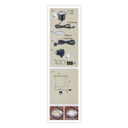 Paulmann 93789 - KOMPLEKTS 3xLED/1,2W IP65 Piebraucamā ceļa lampa 230/12V
