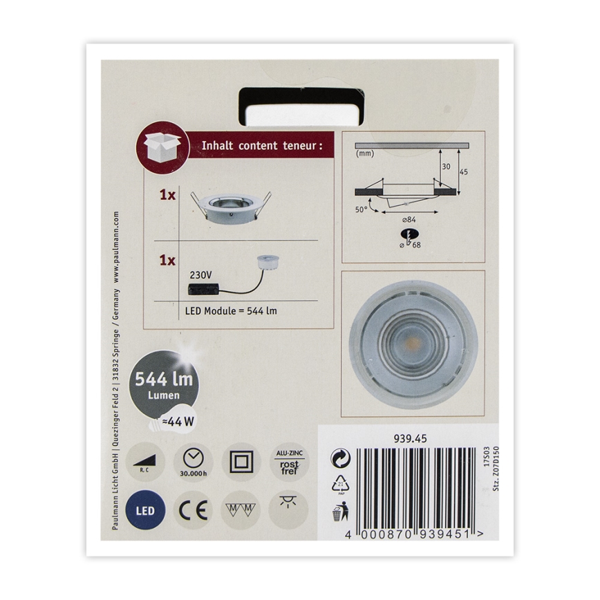 Paulmann 93945 - LED/6,8W IP23 Aptumšojama vannas istabas iegremdējama lampa COIN 230V