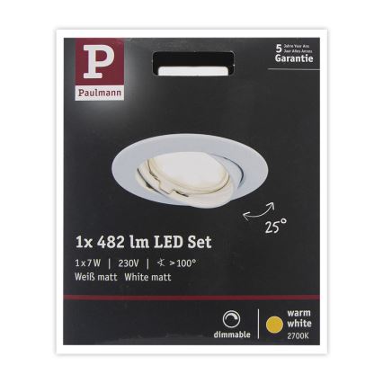 Paulmann 93961 - LED/7W IP23 Aptumšojama vannas istabas iegremdējama lampa COIN 230V balta