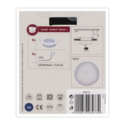 Paulmann 93973 - LED/6,8W IP44 Vannas istabas iegremdējama lampa COIN 230V