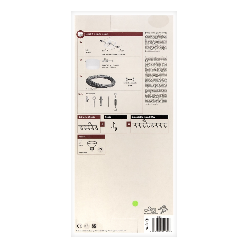 Paulmann 94134 - Komplekts 5x GU5,3/10W — pilnīga MAC trošu sistēma, 230 V, balta