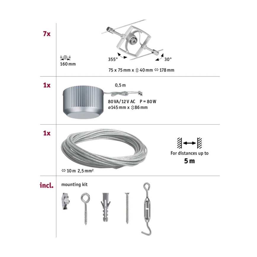 Paulmann 94152 - Komplekts 7xGU5,3/10W Pilna MAC trošu sistēma 230V matēts hroms