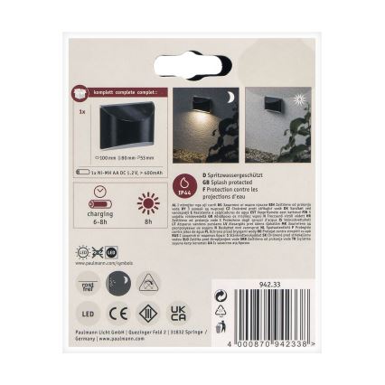 Paulmann 94233 - LED/0,05W IP44 Saules enerģijas sienas lampa ELLIOT 1,2V 400 mAh