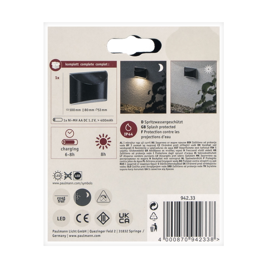 Paulmann 94233 - LED/0,05W IP44 Saules enerģijas sienas lampa ELLIOT 1,2V 400 mAh