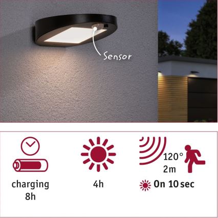 Paulmann 94246 - LED/1,2W IP44 Āra saules enerģijas lampa ar sensoru RYSE 3,7V 1800 mAh