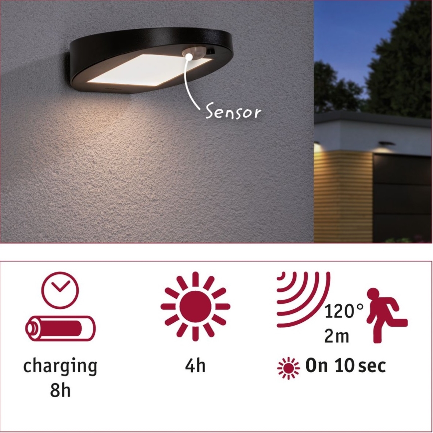 Paulmann 94246 - LED/1,2W IP44 Āra saules enerģijas lampa ar sensoru RYSE 3,7V 1800 mAh