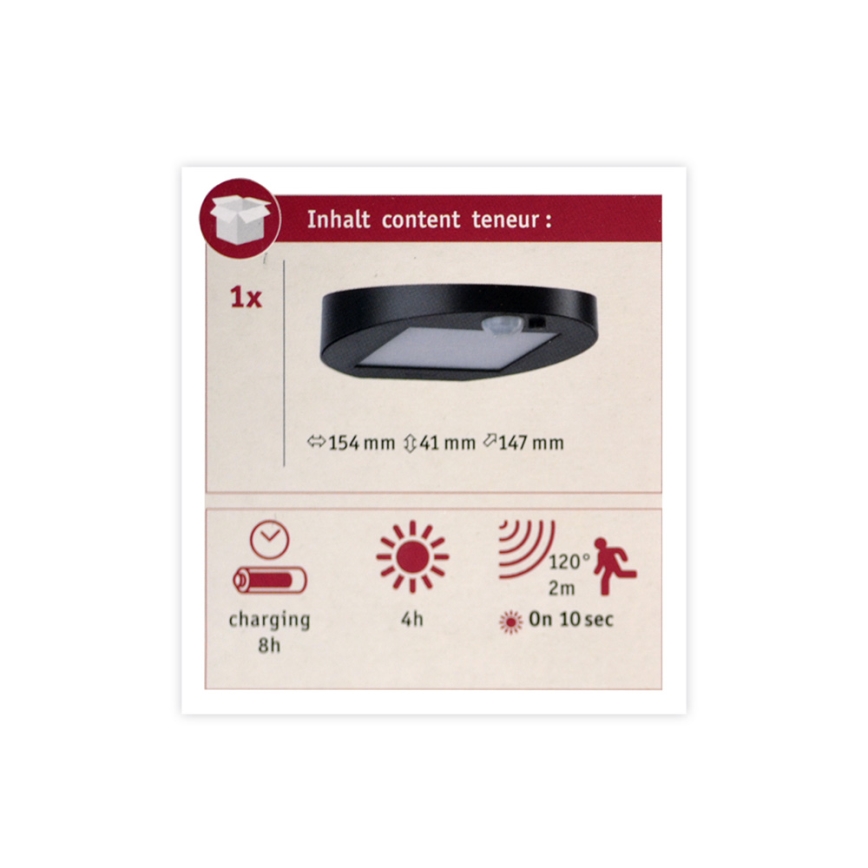 Paulmann 94246 - LED/1,2W IP44 Āra saules enerģijas lampa ar sensoru RYSE 3,7V 1800 mAh
