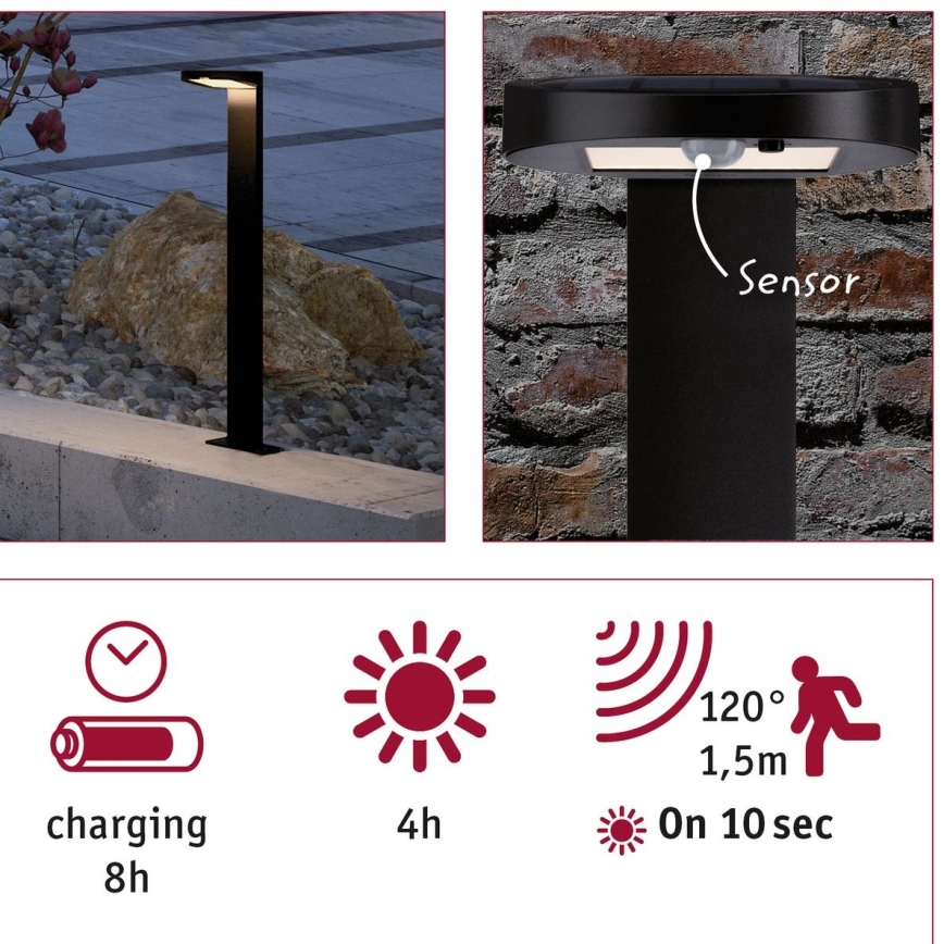 Paulmann 94249 - LED/1,2W IP44 Āra saules enerģijas lampa ar sensoru RYSE 3,7V 1800 mAh