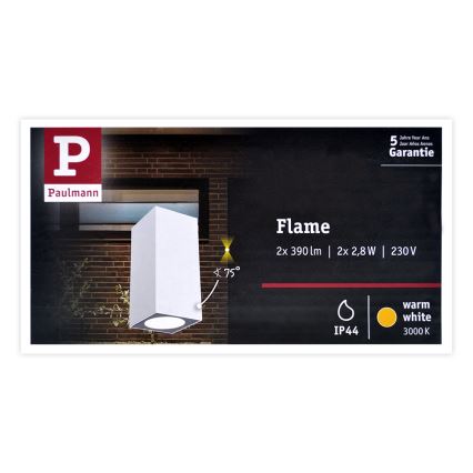 Paulmann 94330 - 2xLED/2,8W IP44 Āra sienas gaismeklis FLAME 230V balts