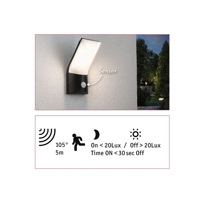 Paulmann 94402 - LED/10W IP44 Āra sienas lampa ar sensoru ADYA 230V