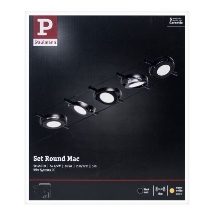 Paulmann 94418 - komplekts 5xLED/4,5W pilnīga ROUNDMAC 230V kabeļu sistēma, melna