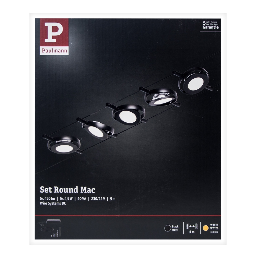 Paulmann 94418 - komplekts 5xLED/4,5W pilnīga ROUNDMAC 230V kabeļu sistēma, melna