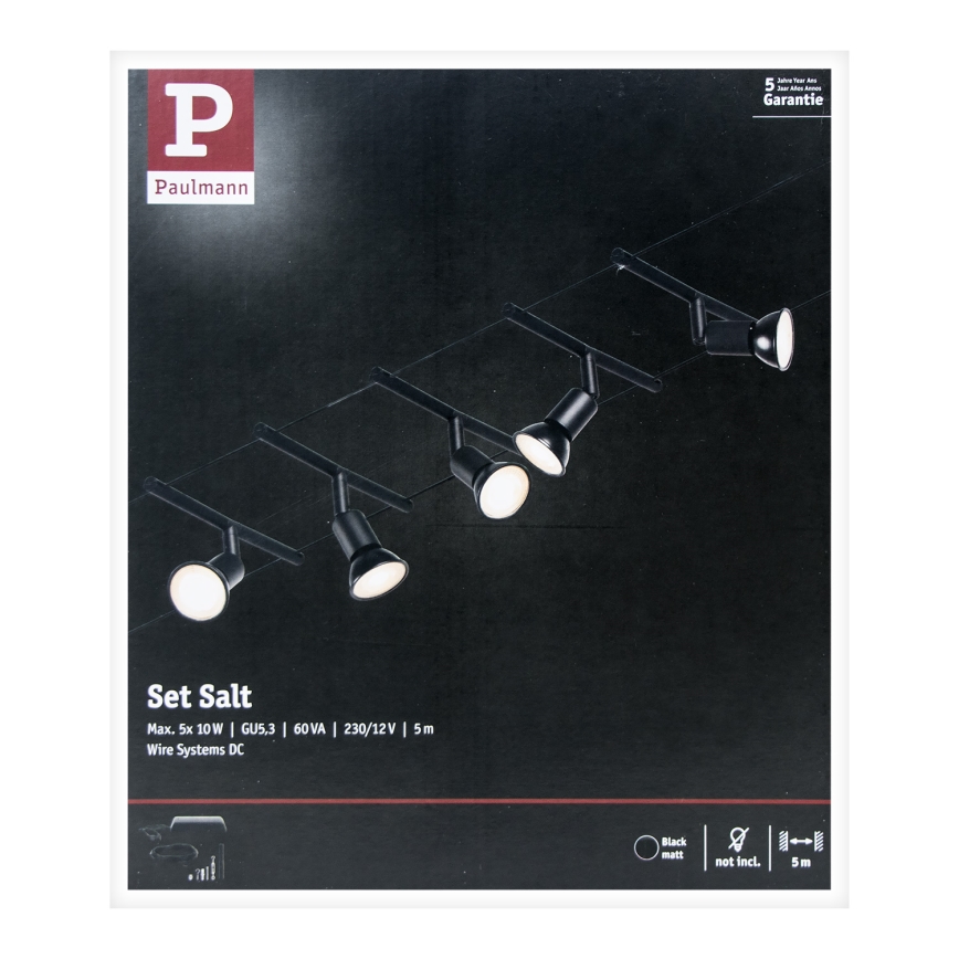 Paulmann 94446 - komplekts 5xGU5,3/10W, pilna SALT trošu sistēma 230V, melna