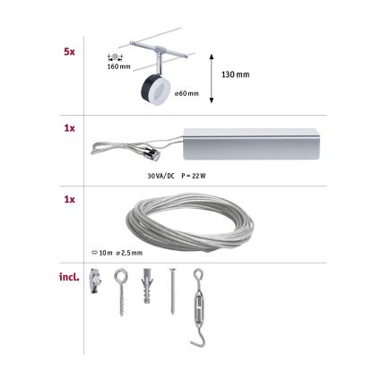 Paulmann 94457 - Komplekts 5xLED/4W virziena gaismekļiem kabeļu sistēmai CLEAR 230V melns/spīdīgs hroms