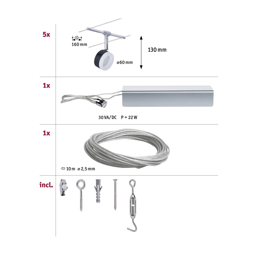 Paulmann 94457 - Komplekts 5xLED/4W virziena gaismekļiem kabeļu sistēmai CLEAR 230V melns/spīdīgs hroms