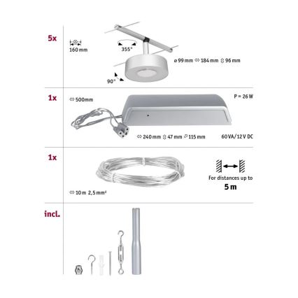 Paulmann 94475 - komplekts 5xLED/5W pilnīga kabeļu sistēma CIRCLE 230V matēts hroms