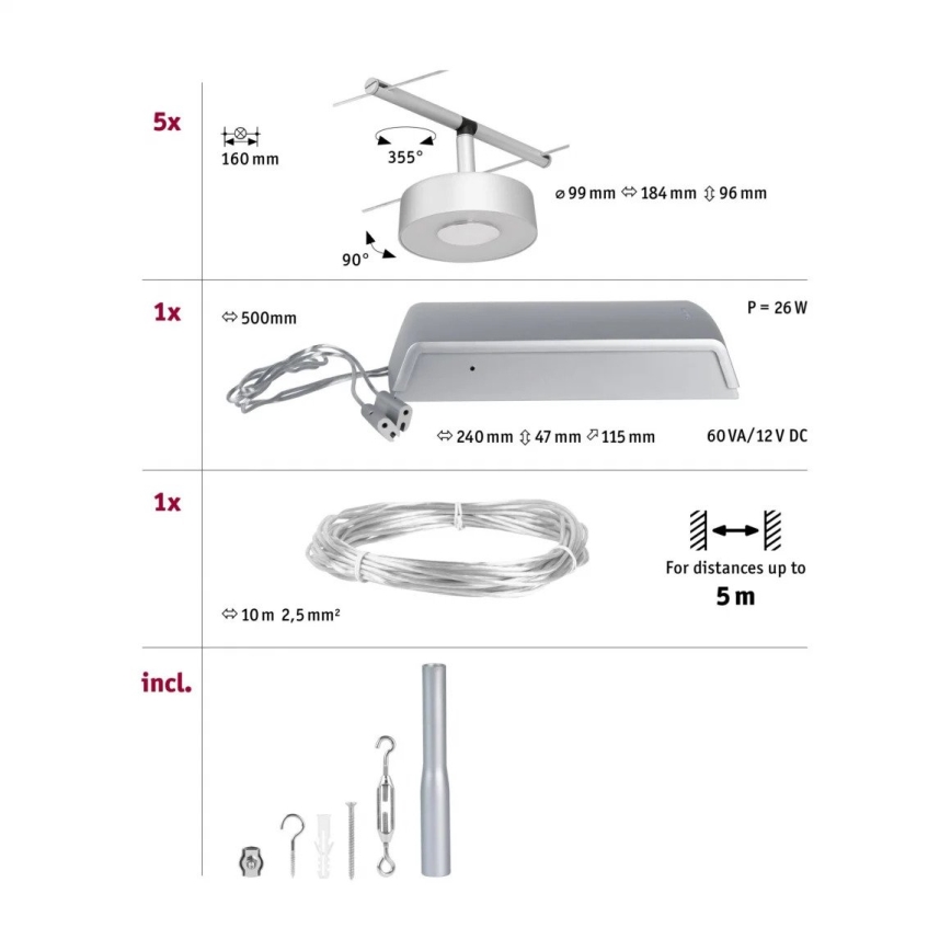 Paulmann 94475 - komplekts 5xLED/5W pilnīga kabeļu sistēma CIRCLE 230V matēts hroms