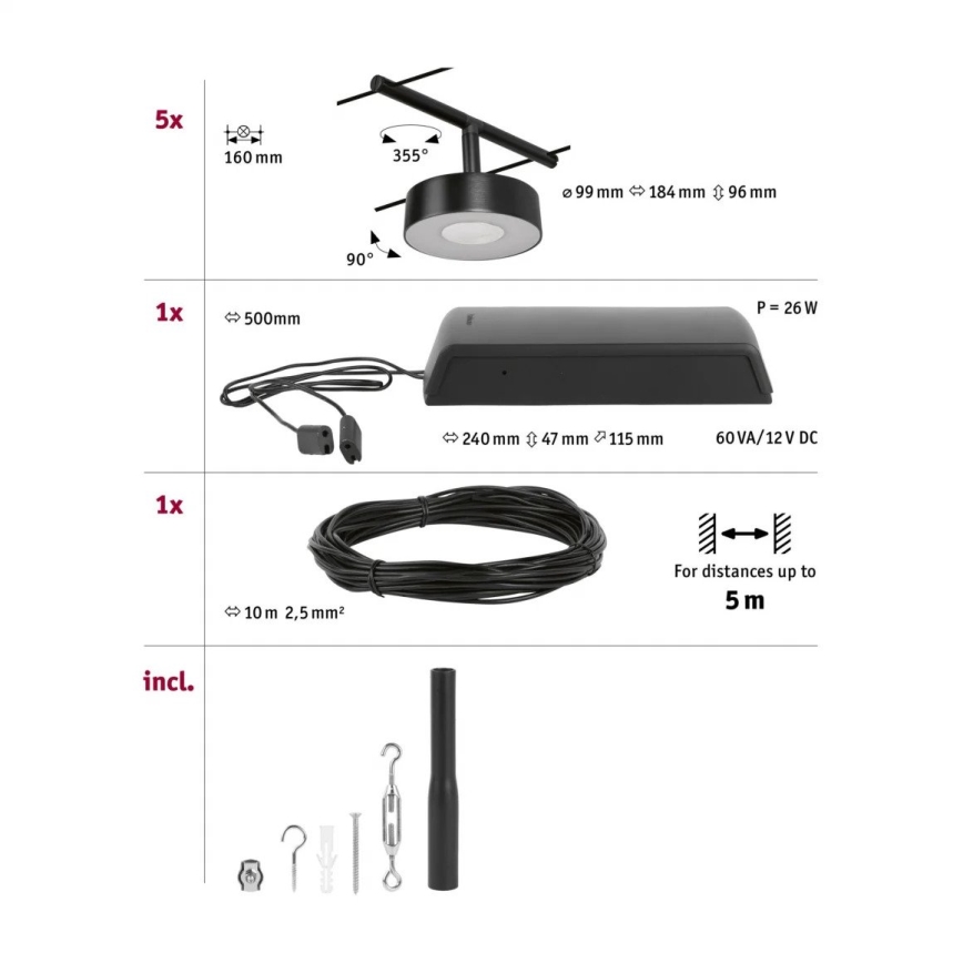Paulmann 94479 - komplekts 5xLED/5W, pilnīga CIRCLE kabeļu sistēma 230V, melna